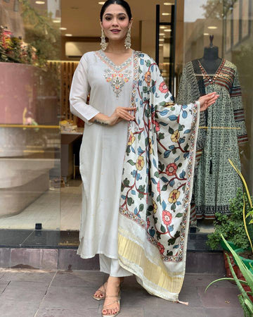 Off White Embroidered Viscose Chanderi Suit Set