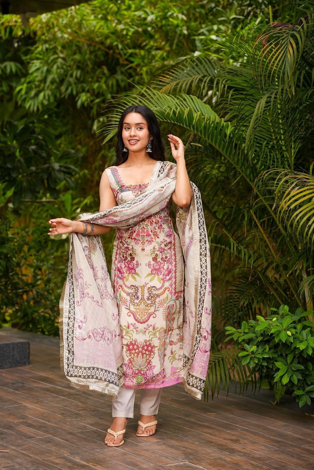 Cream Printed French Crepe Suit Set