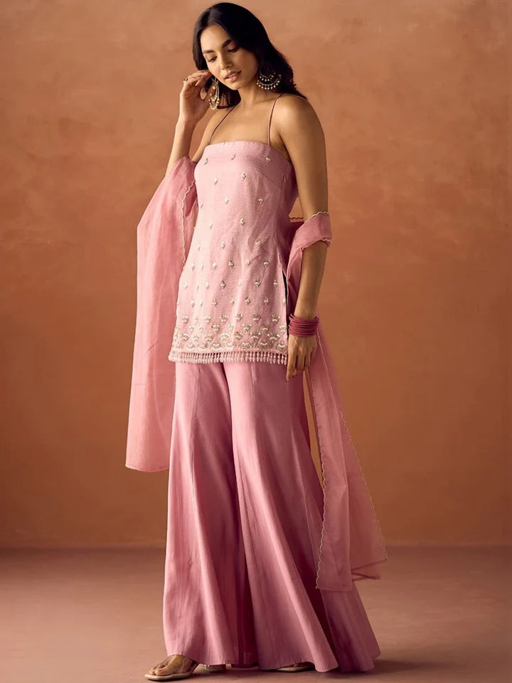 Light Pink Silk Embroidered Handwork Party Wear Palazzo Set with Dupatta For Women