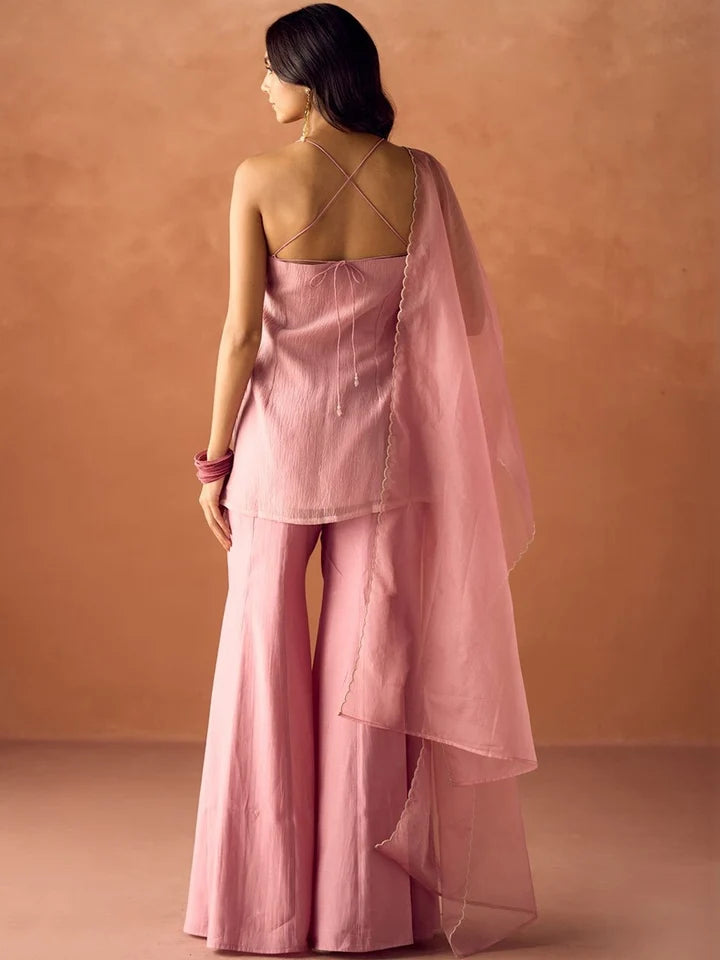 Light Pink Silk Embroidered Handwork Party Wear Palazzo Set with Dupatta For Women