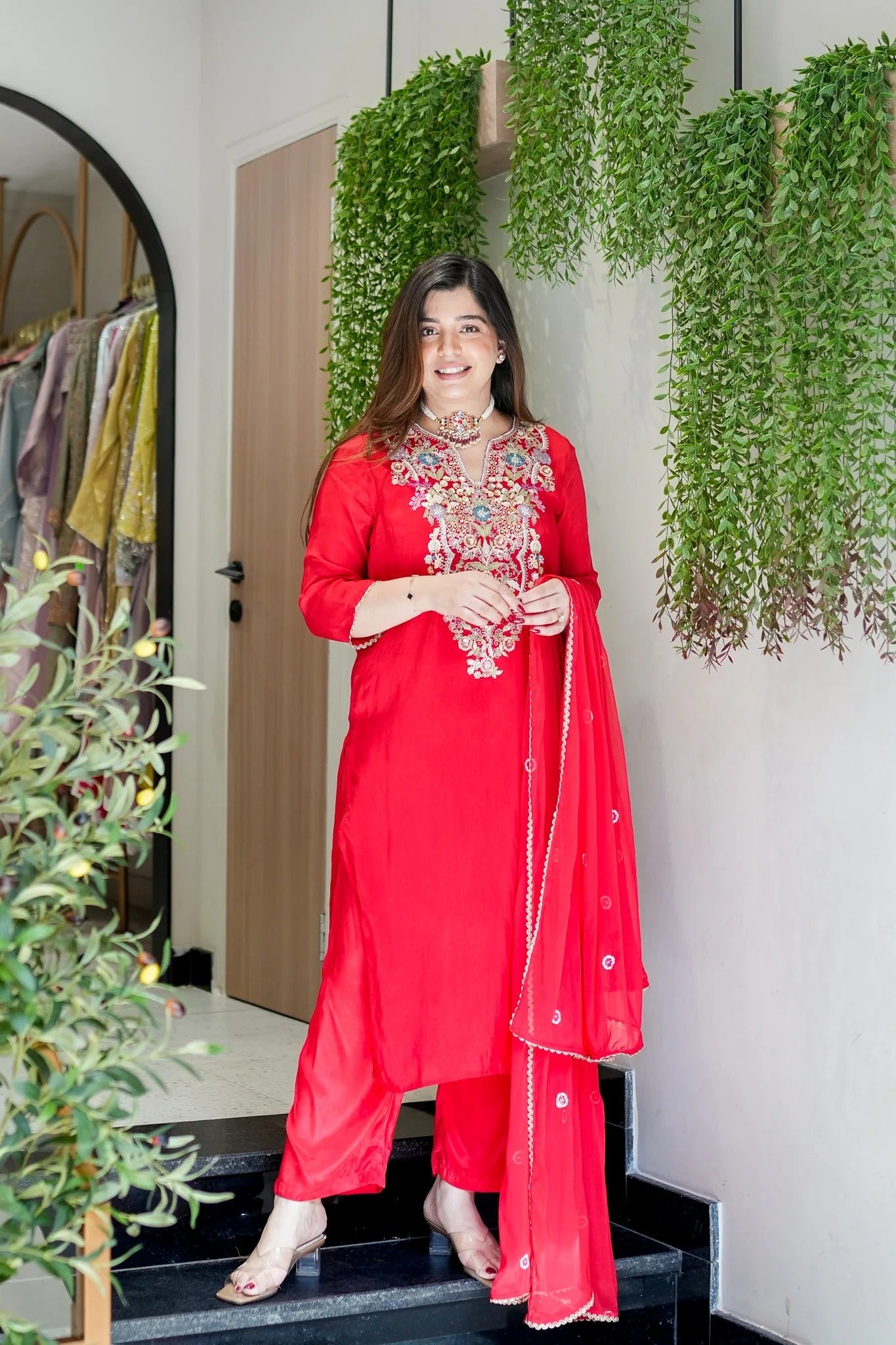 Red Viscose Simmer Embroidered Kurti Set