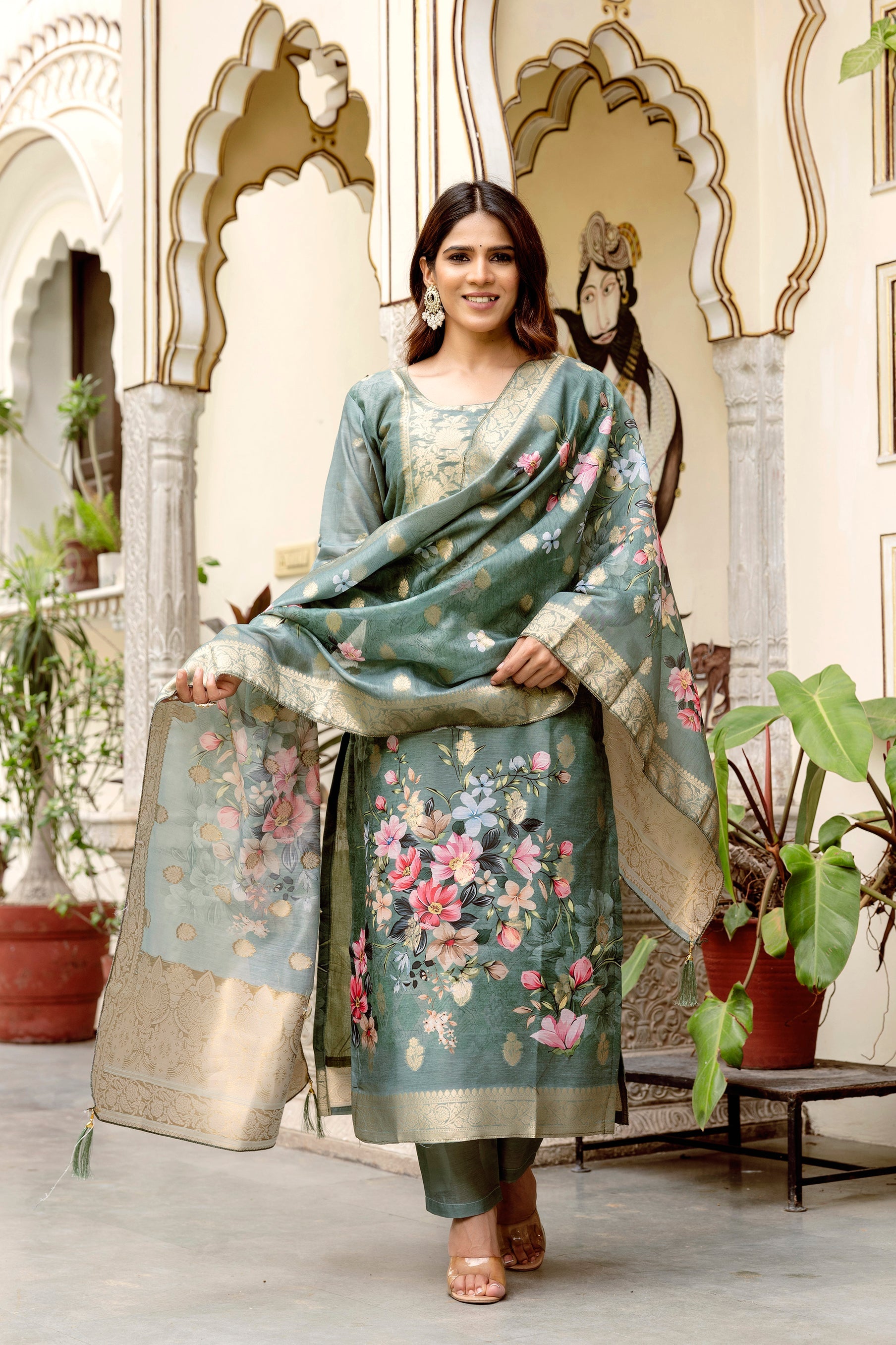 Grey Chanderi Cotton Printed Suit Set