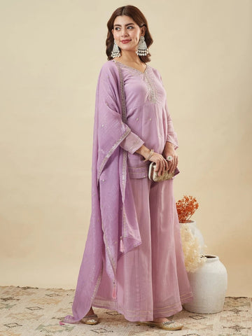 Lavander Crunchy Silk Embroidered Sharara Set