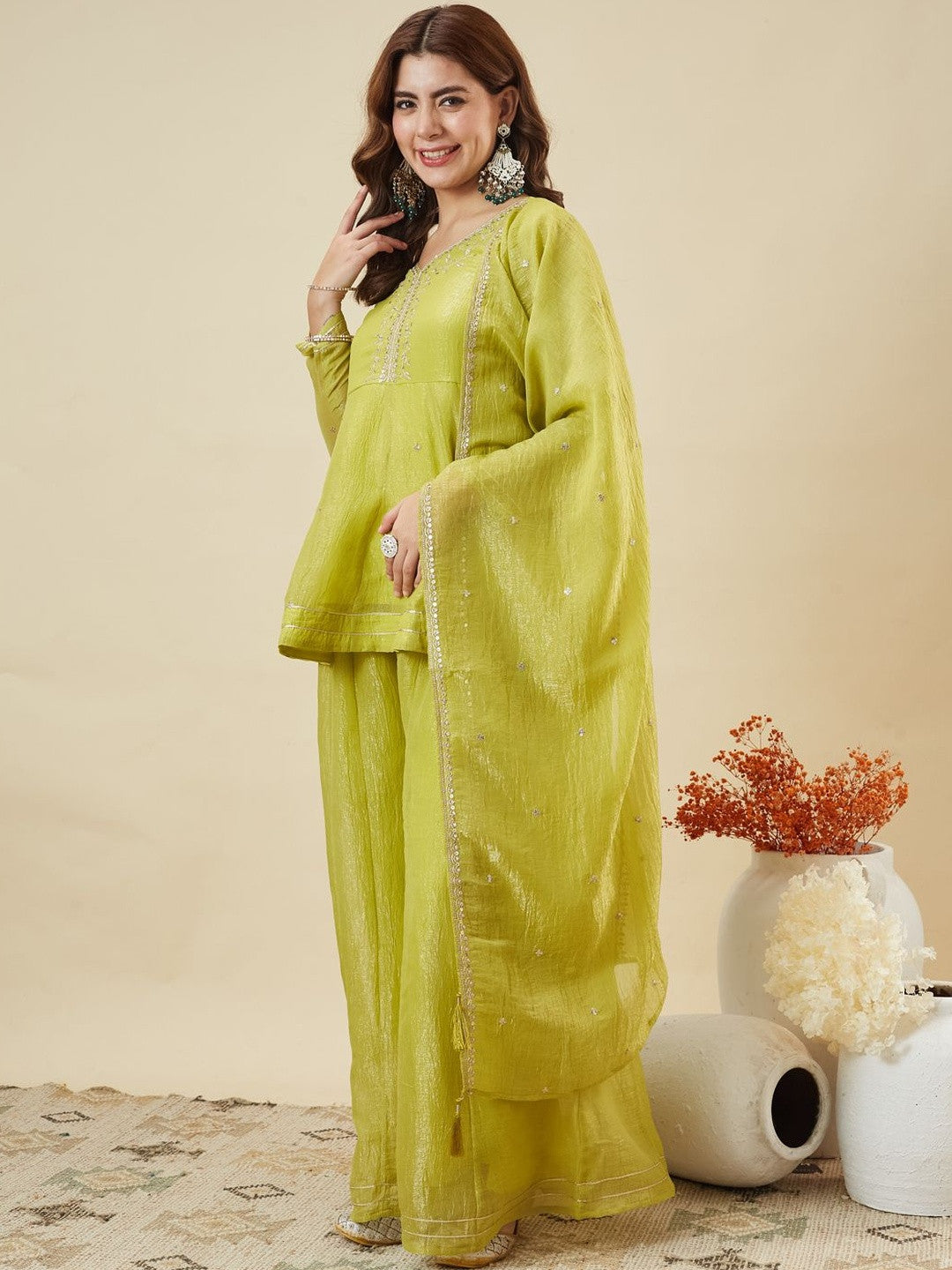 Lemon Yellow Crunchy Silk Embroidered Sharara Set