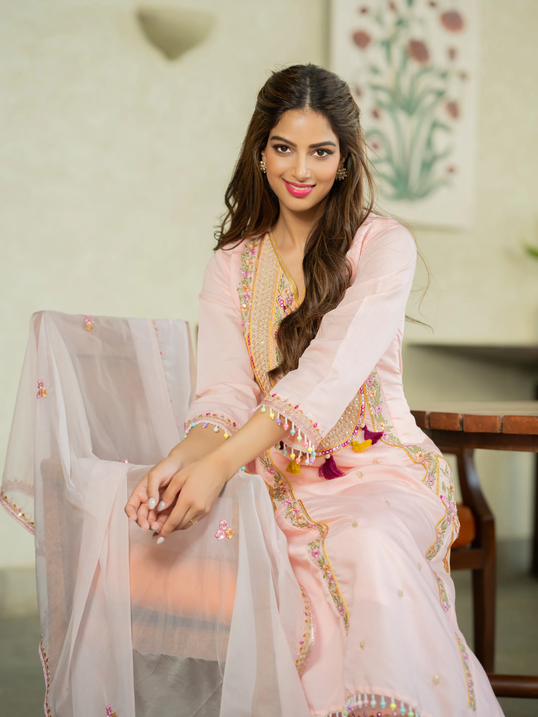 Cream P.V. Chanderi Embroidered Kurti Set