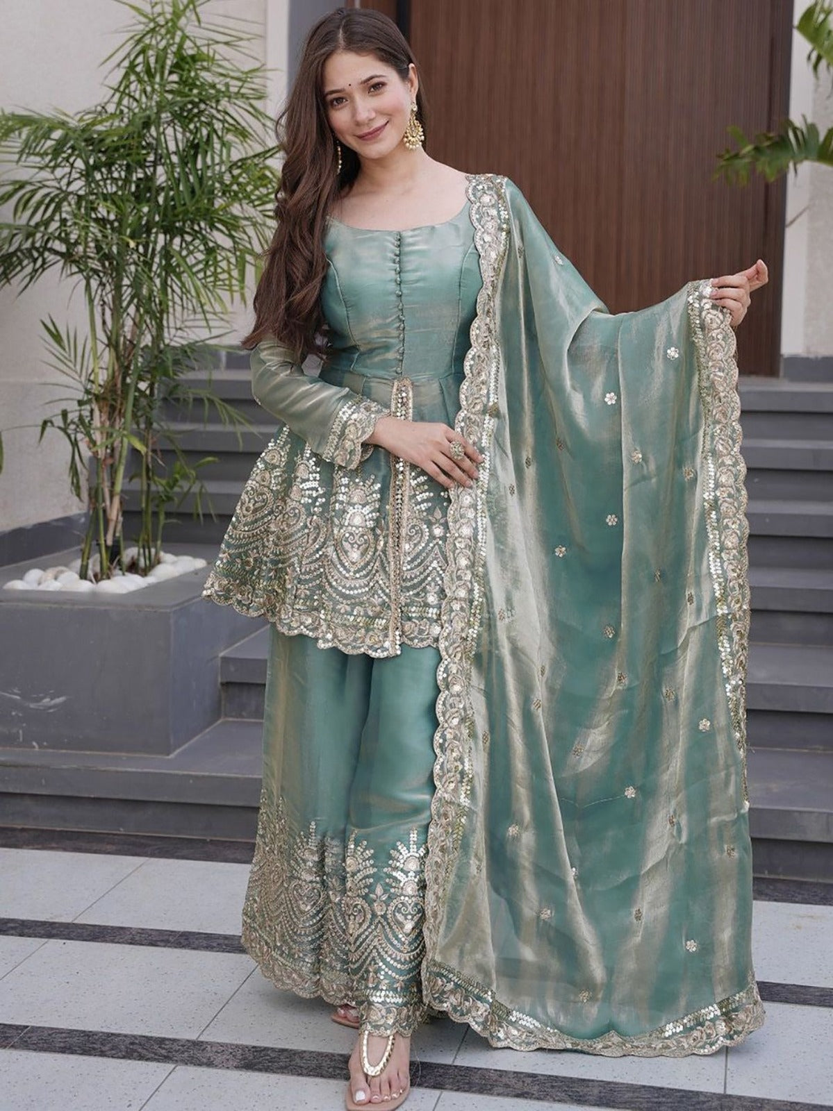 Sky Blue Fandy Silk Embroidered Sharara Set