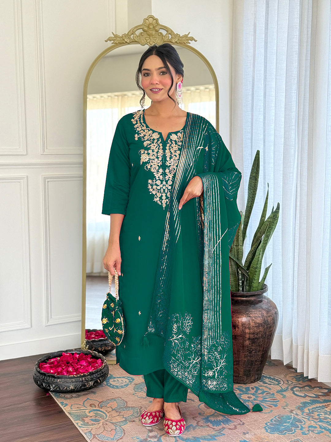 Green Viscose Chanderi Embroidered Kurta Set