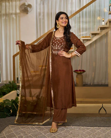Rich Coffee Brown Vichitra Silk Embroidered Salwar Suite