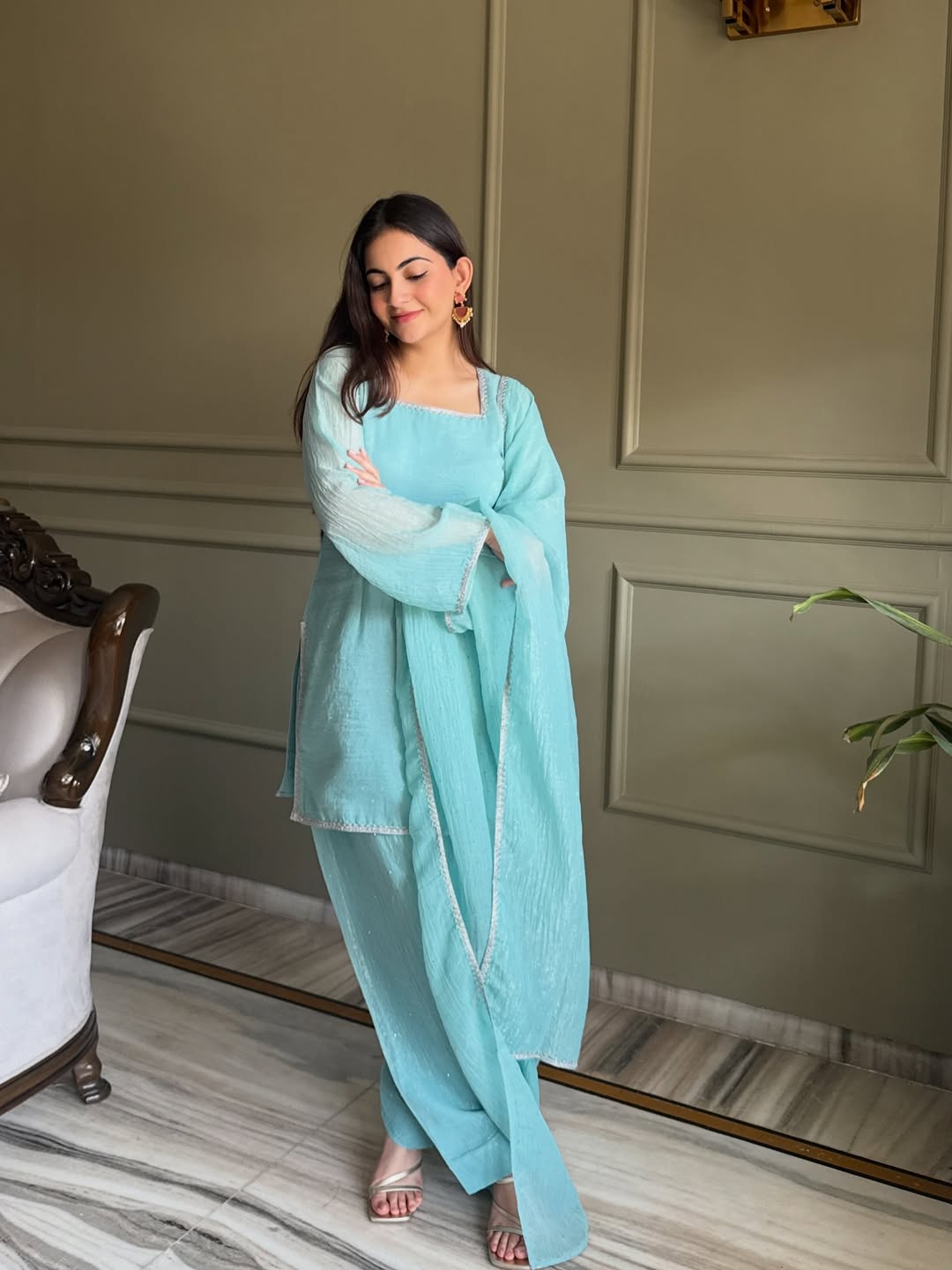 Sky Blue Zardosi Crunchy Silk Patiala Suit Set