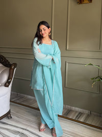 Sky Blue Zardosi Crunchy Silk Patiala Suit Set