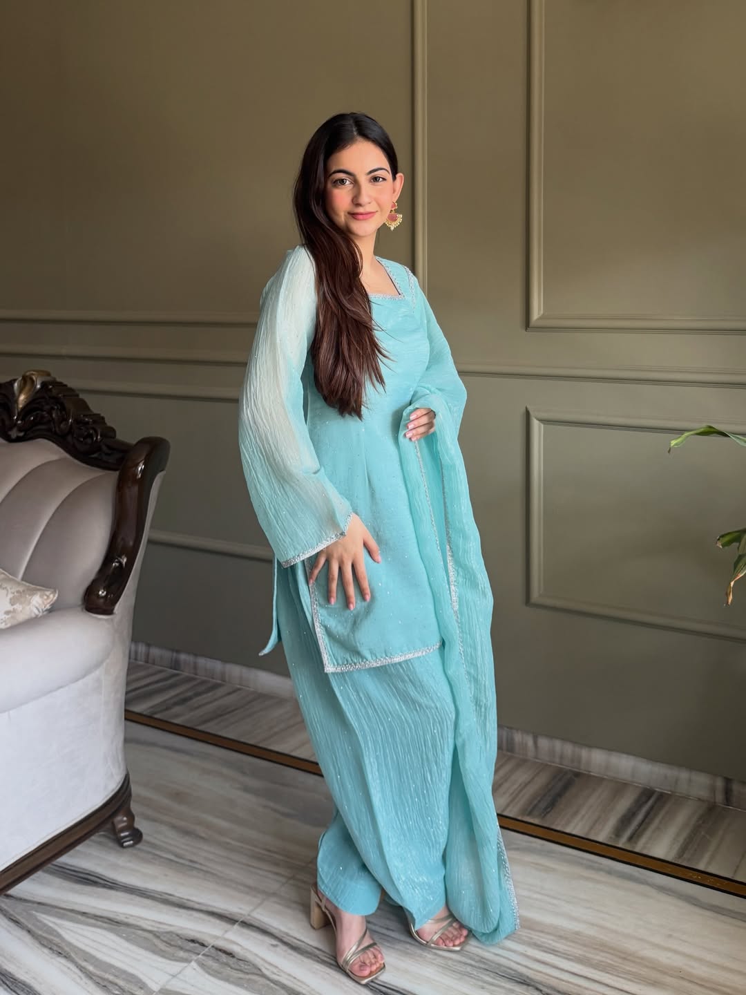Sky Blue Zardosi Crunchy Silk Patiala Suit Set