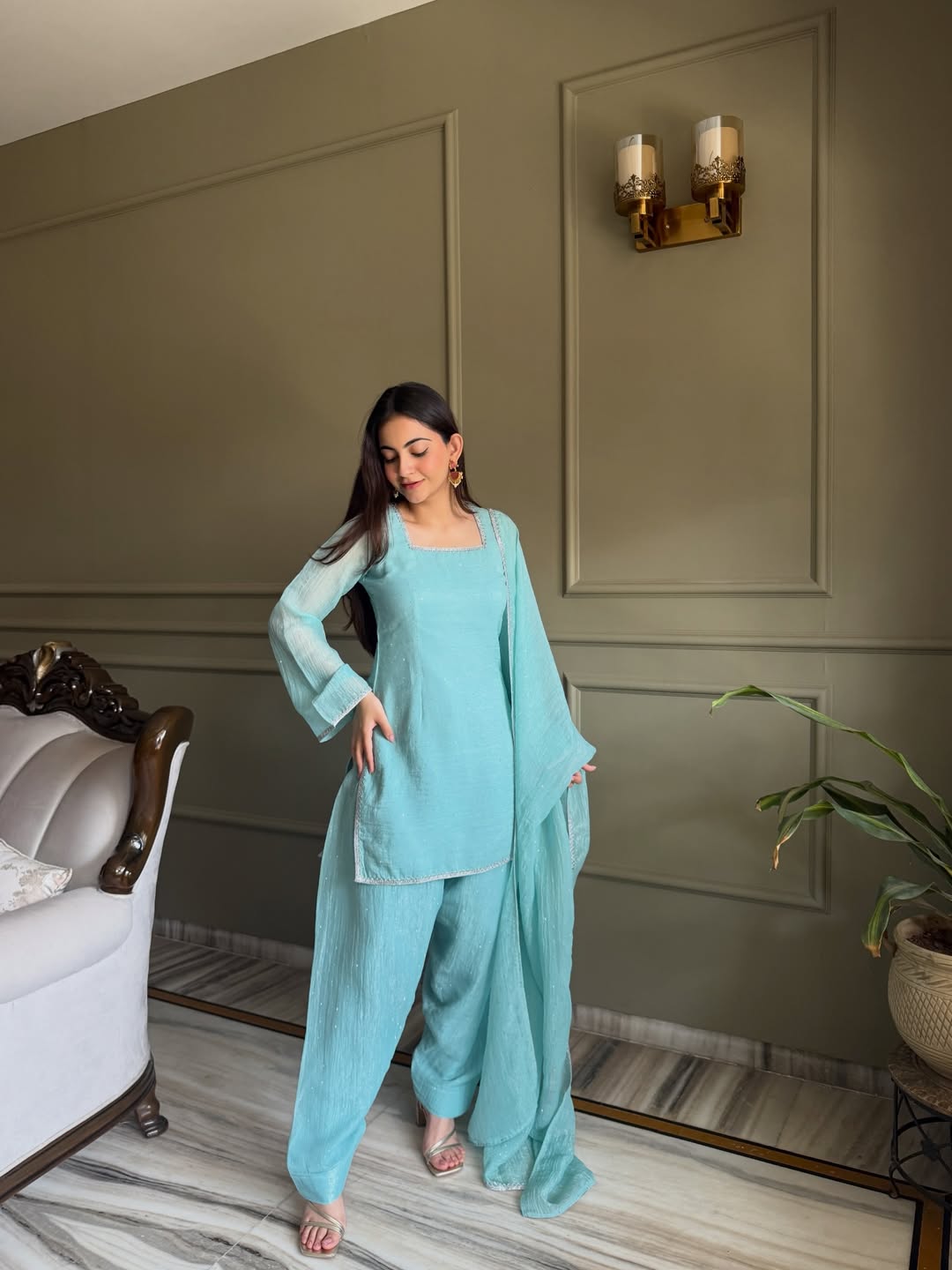 Sky Blue Zardosi Crunchy Silk Patiala Suit Set