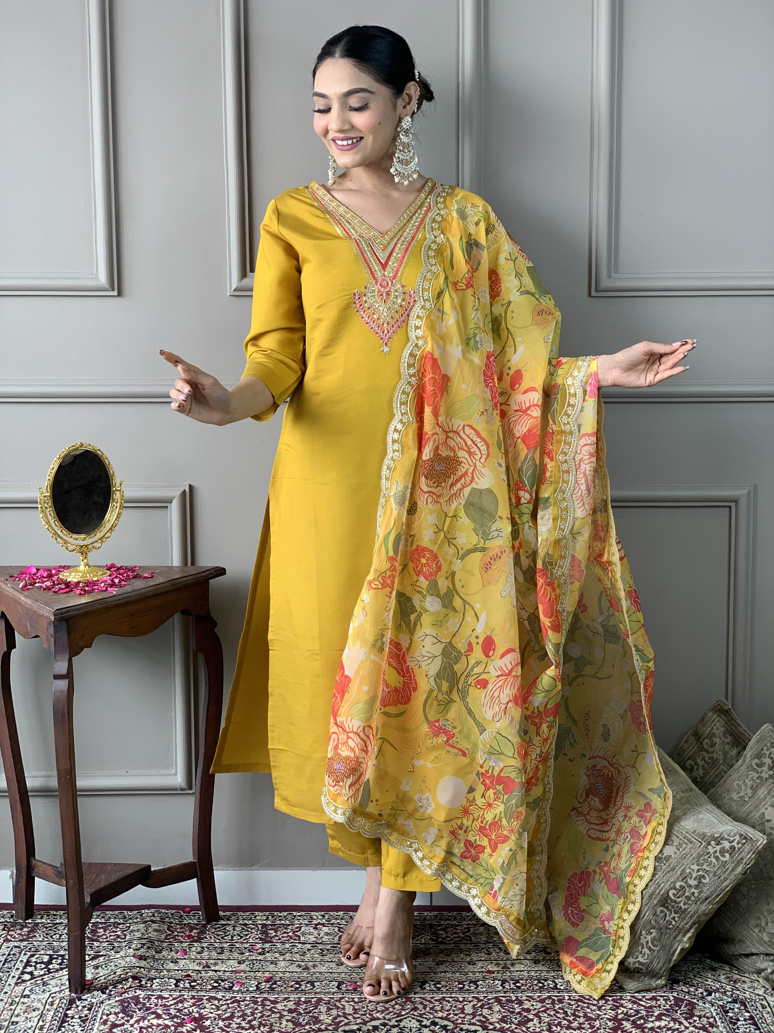 Zafrina Mustard Chanderi Suit Set