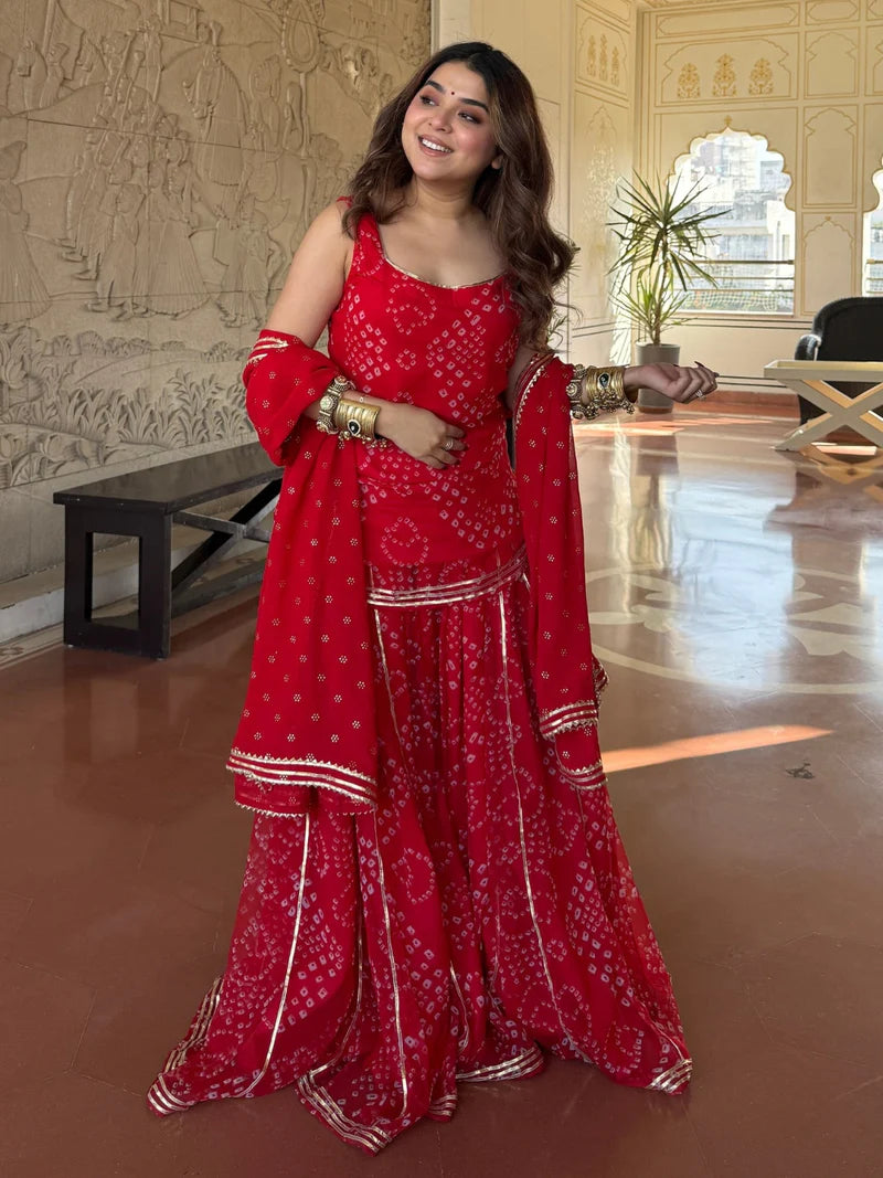 Royal Red Bandhani Sharara Suit Set