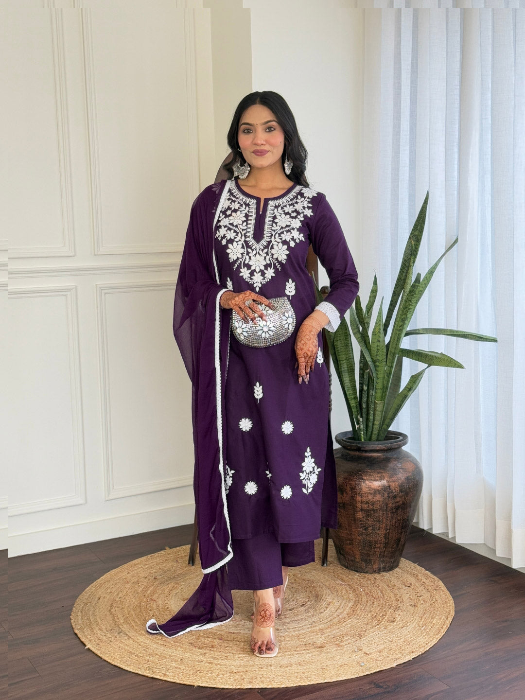 Wine Floral Embroidered Kurta Pant
