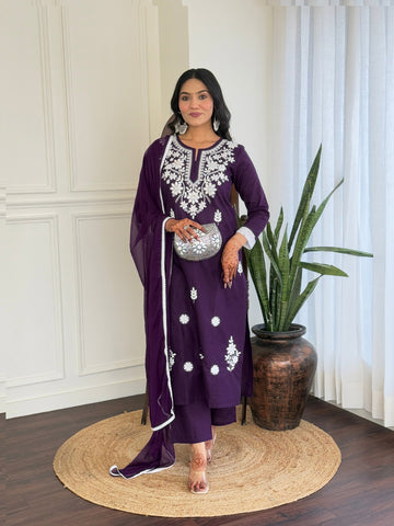 Wine Floral Embroidered Kurta Pant