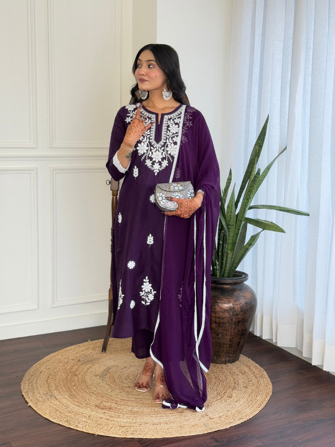 Wine Floral Embroidered Kurta Pant