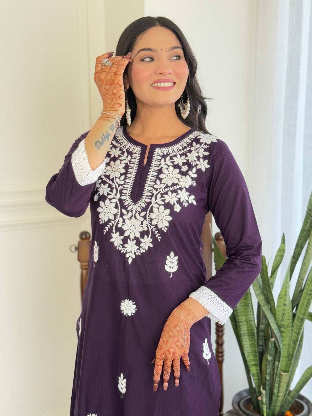 Wine Floral Embroidered Kurta Pant