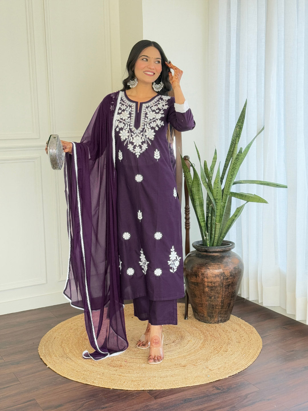 Wine Floral Embroidered Kurta Pant