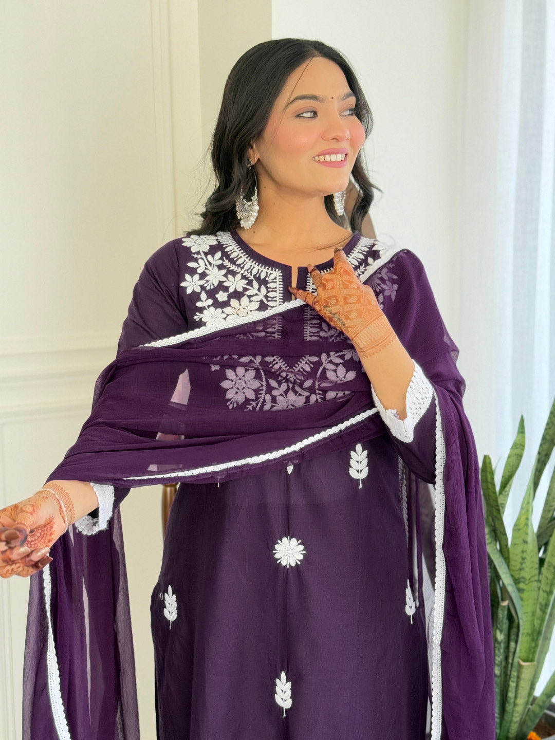 Wine Floral Embroidered Kurta Pant
