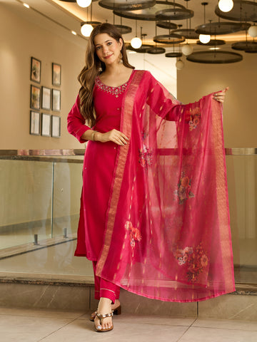 Ruby Blossom Embroidered Kurta Pant Set