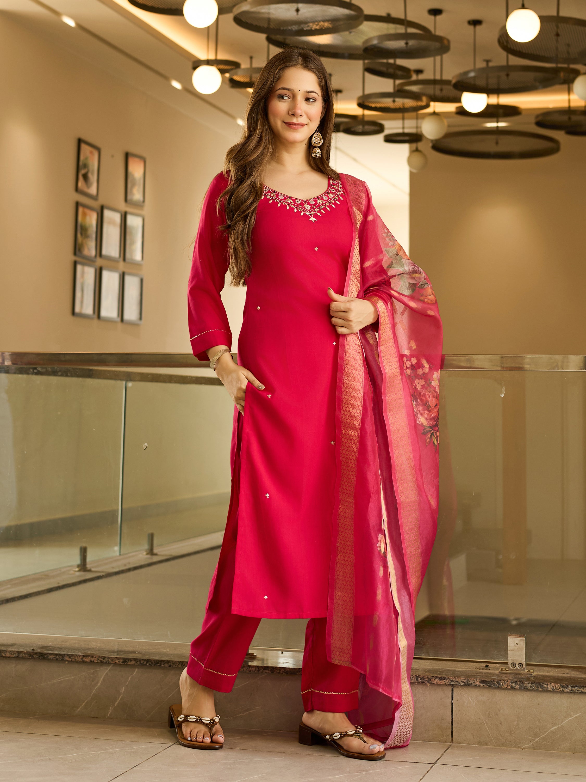 Ruby Blossom Embroidered Kurta Pant Set