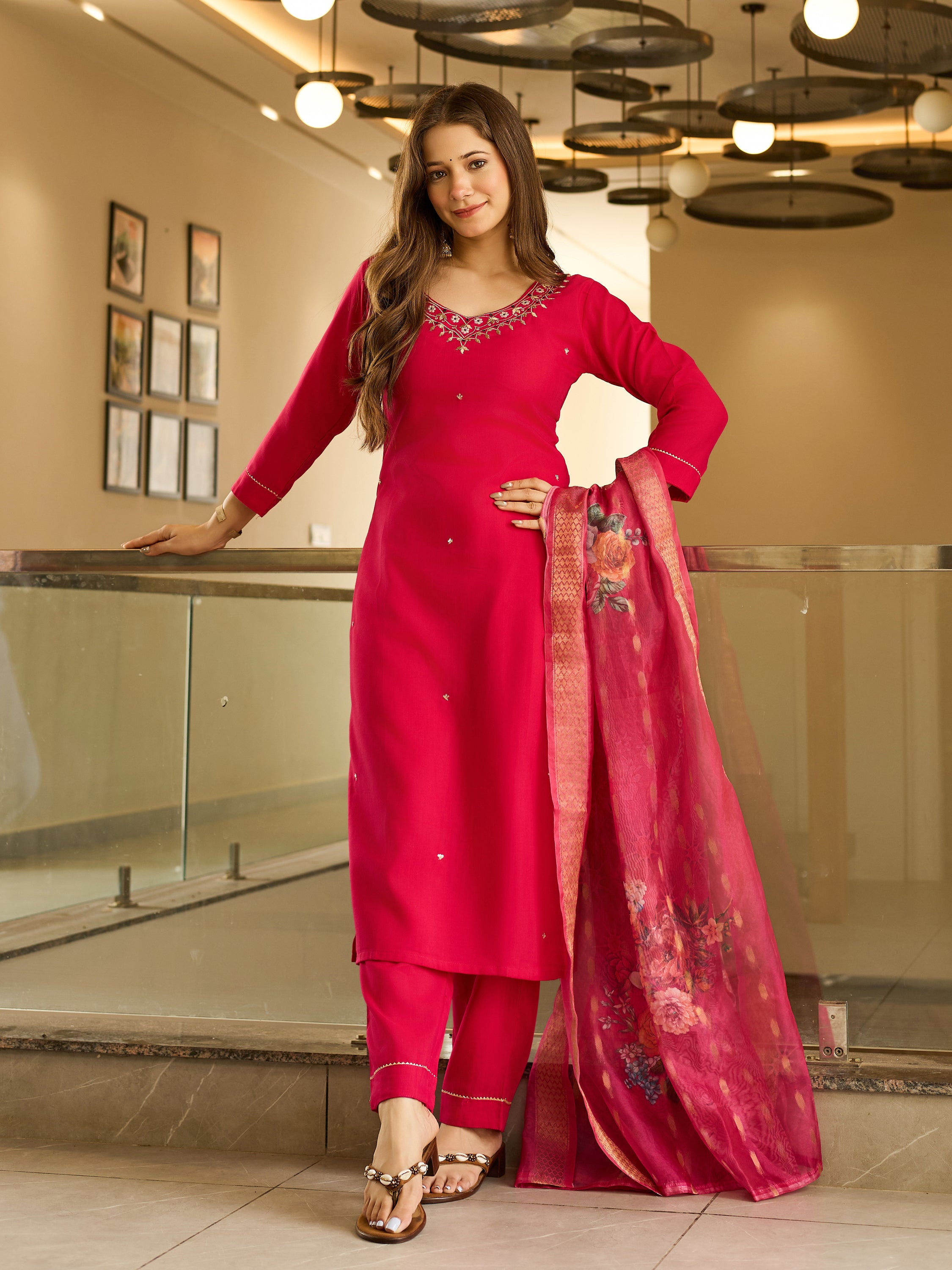 Ruby Blossom Embroidered Kurta Pant Set