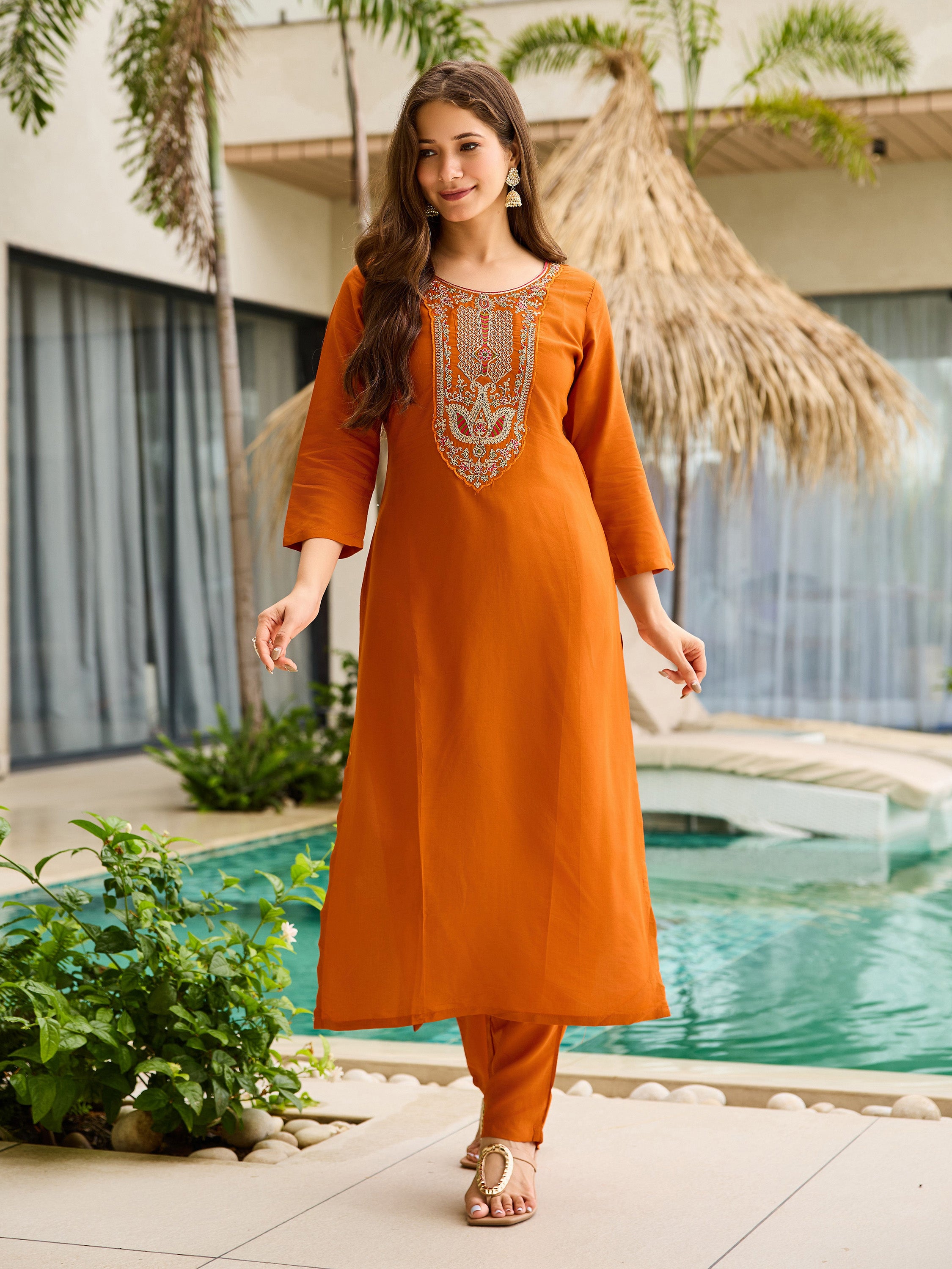 Sunset Aura Orange Viscose Silk Kurta Set