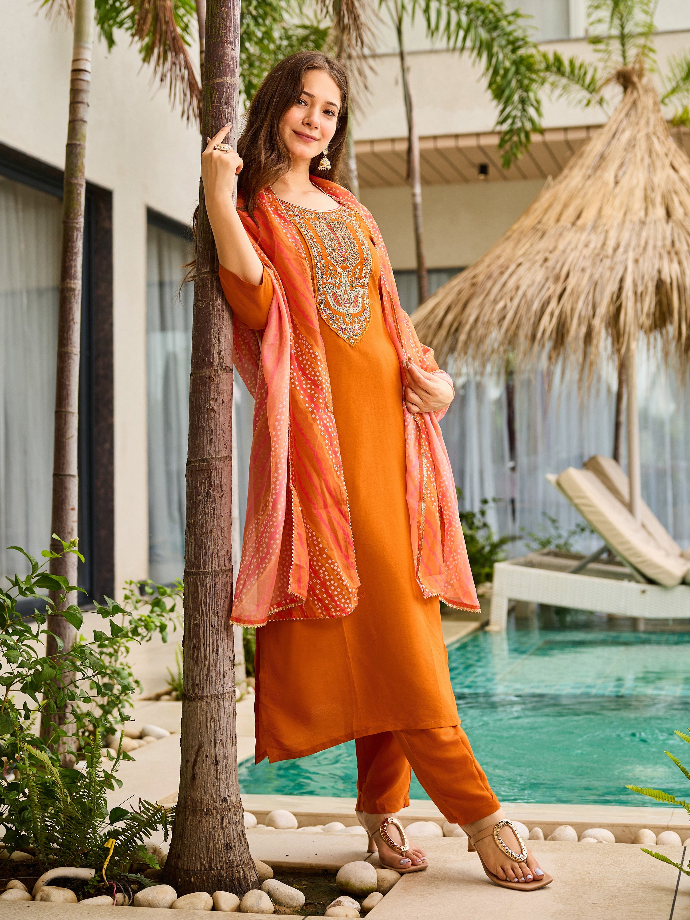 Sunset Aura Orange Viscose Silk Kurta Set