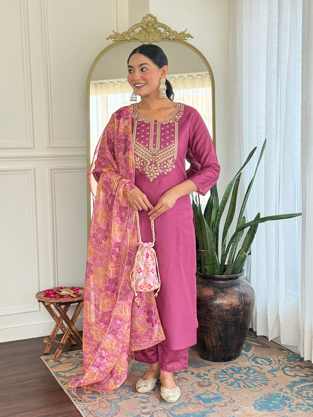 Rose Rama Pink Viscose Silk Kurta Set