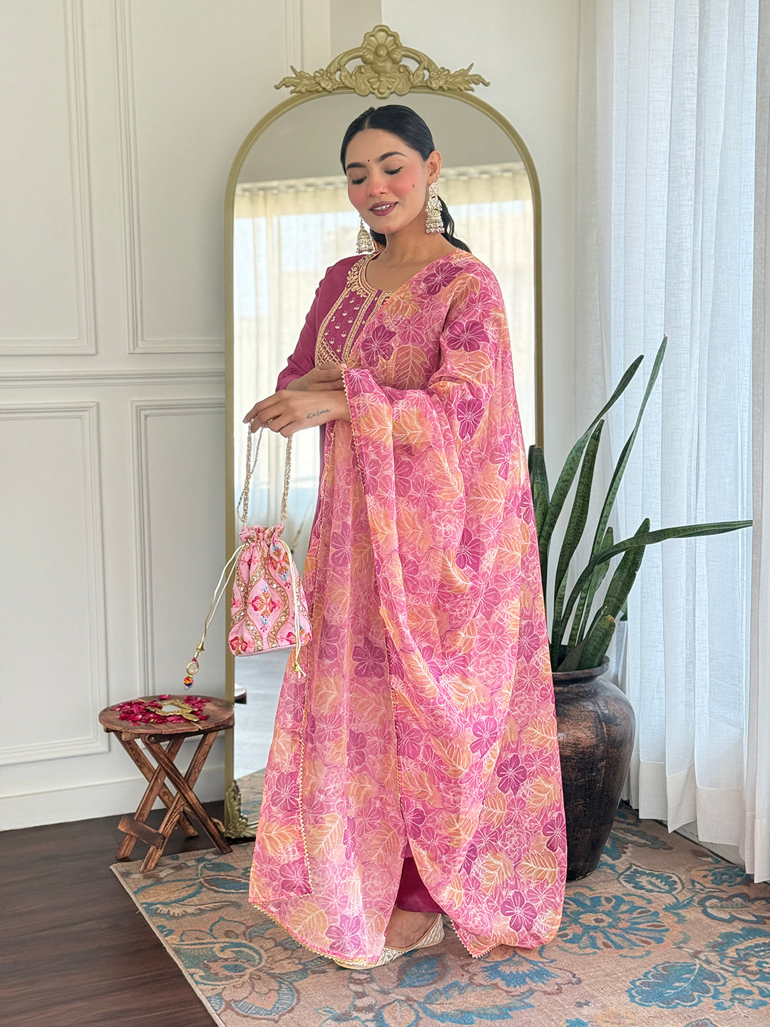 Rose Rama Pink Viscose Silk Kurta Set