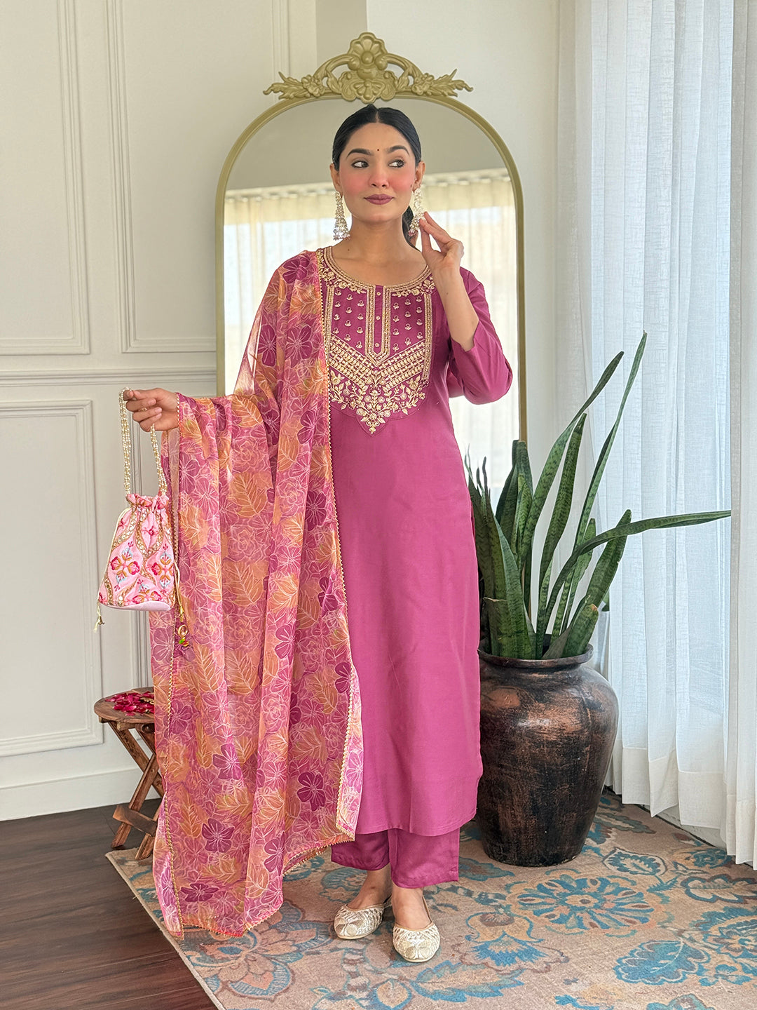 Rose Rama Pink Viscose Silk Kurta Set