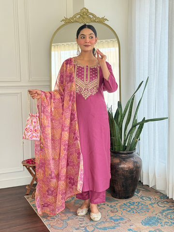 Rose Rama Pink Viscose Silk Kurta Set
