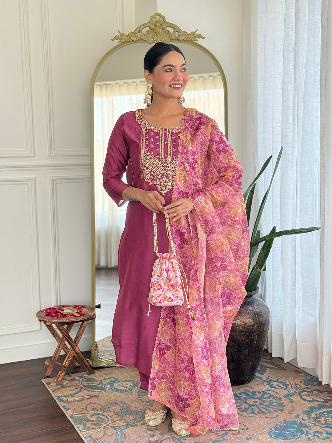 Rose Rama Pink Viscose Silk Kurta Set
