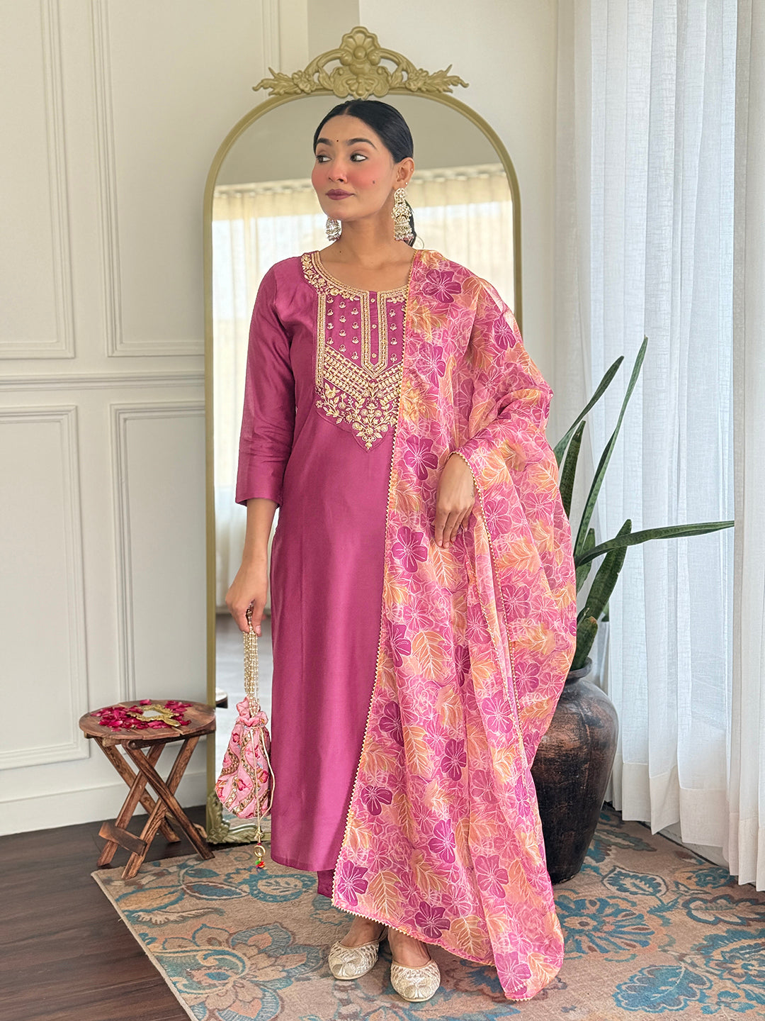 Rose Rama Pink Viscose Silk Suit Sets