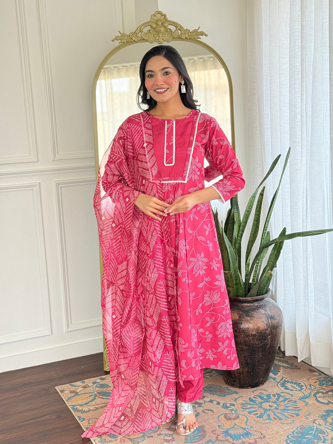 Rani Pink Printed Cotton Flared Kurta Pant Set