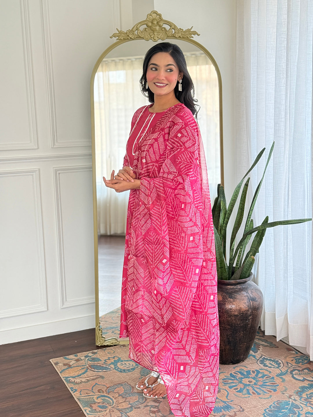 Rani Pink Printed Cotton Flared Kurta Pant Set