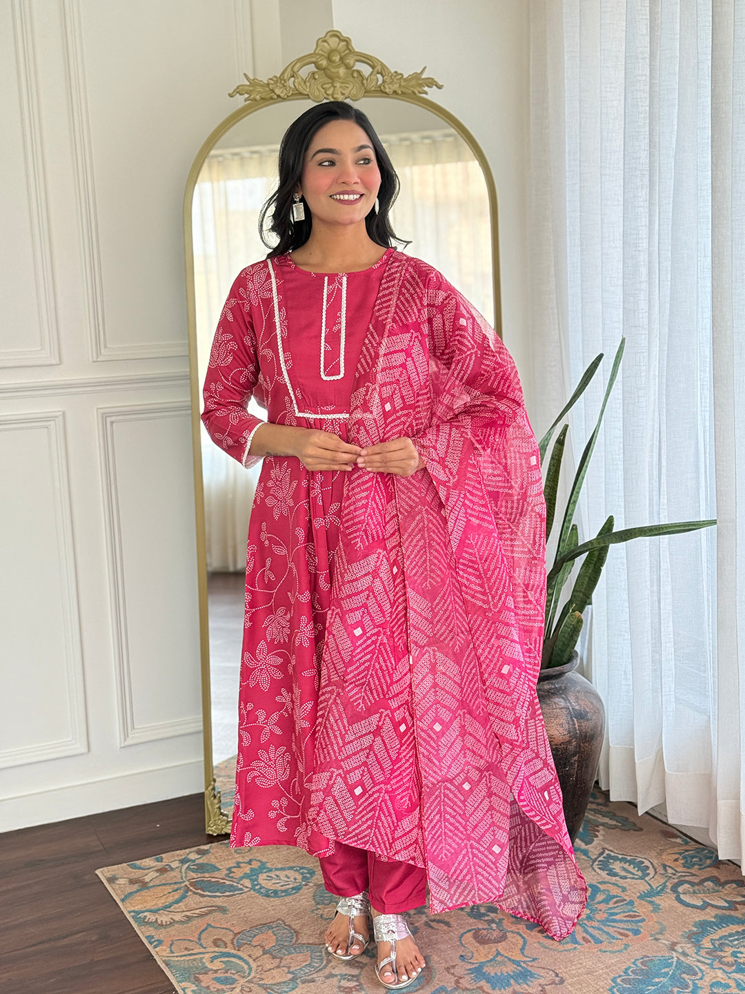 Rani Pink Printed Cotton Flared Kurta Pant Set