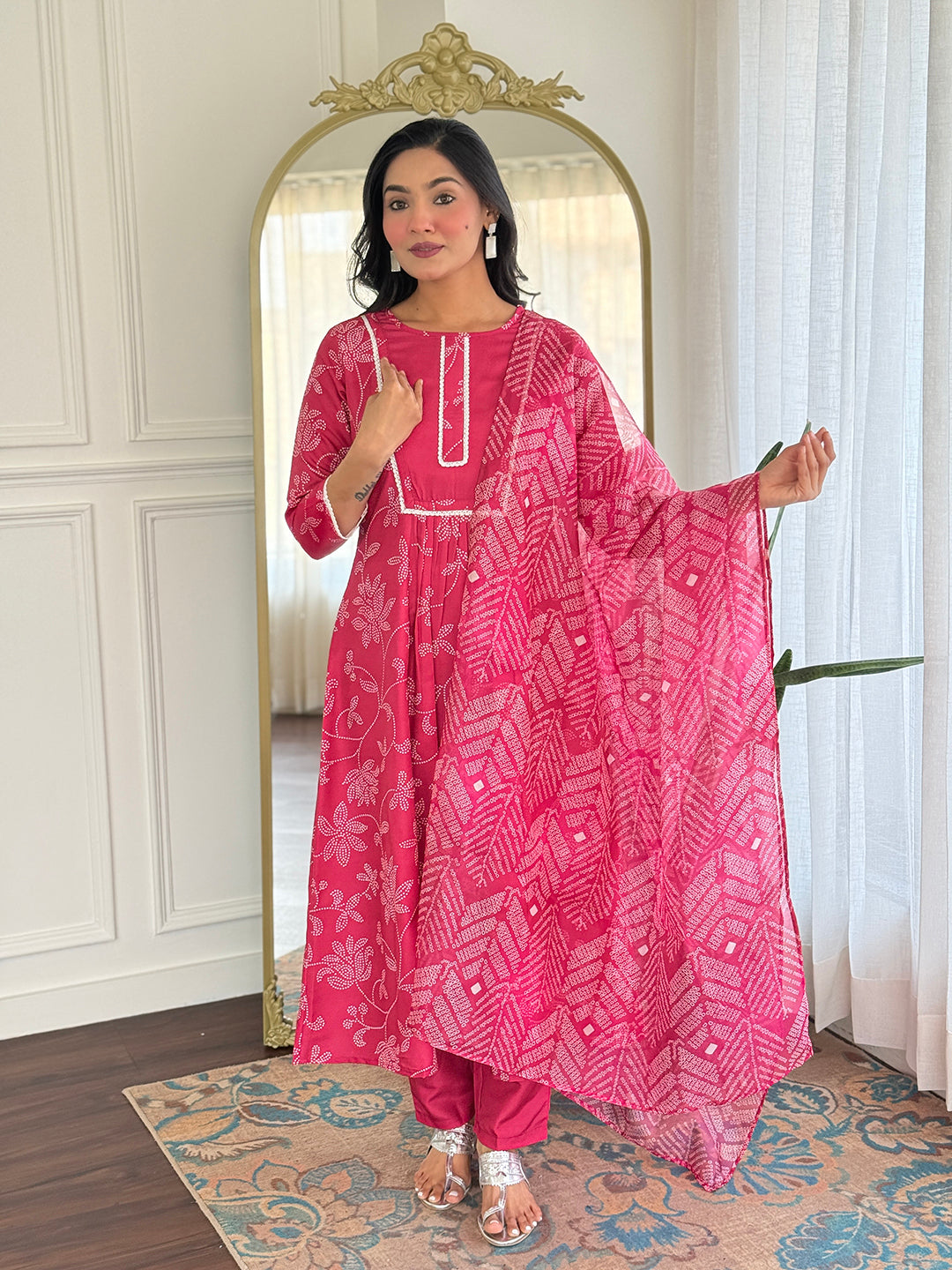 Rani Pink Printed Cotton Flared Kurta Pant Set