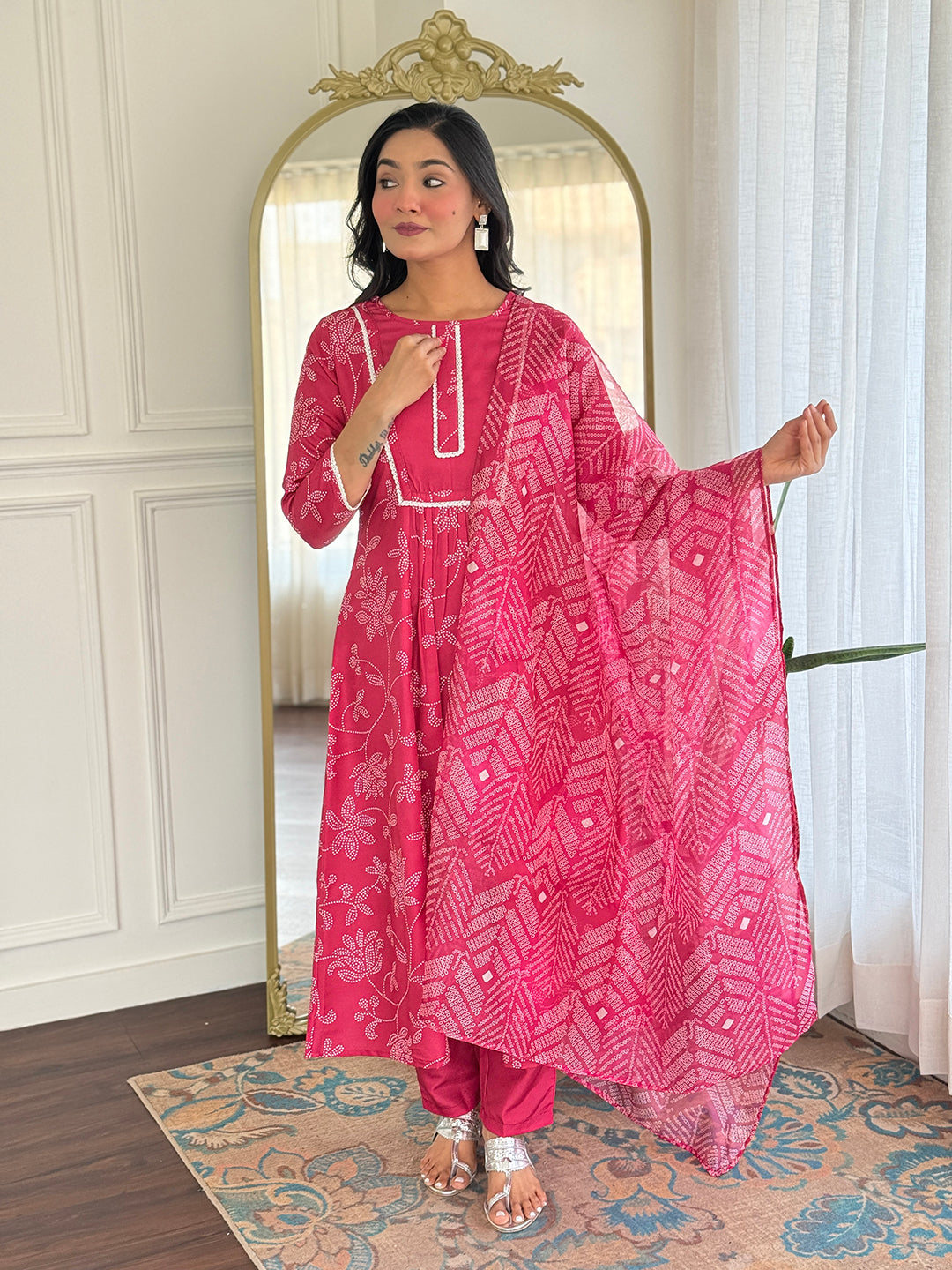 Rani Pink Printed Cotton Flared Kurta Pant Set