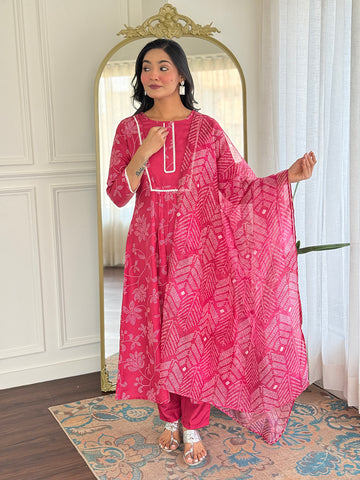 Rani Pink Printed Cotton Flared Kurta Pant Set