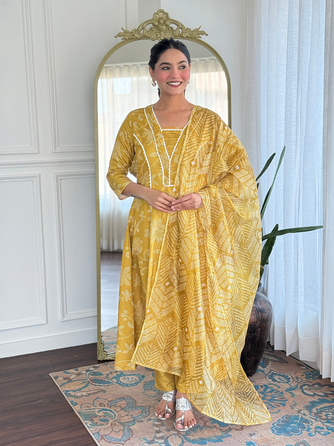 Mustard Yellow Printed Cotton Kurta Pant Set