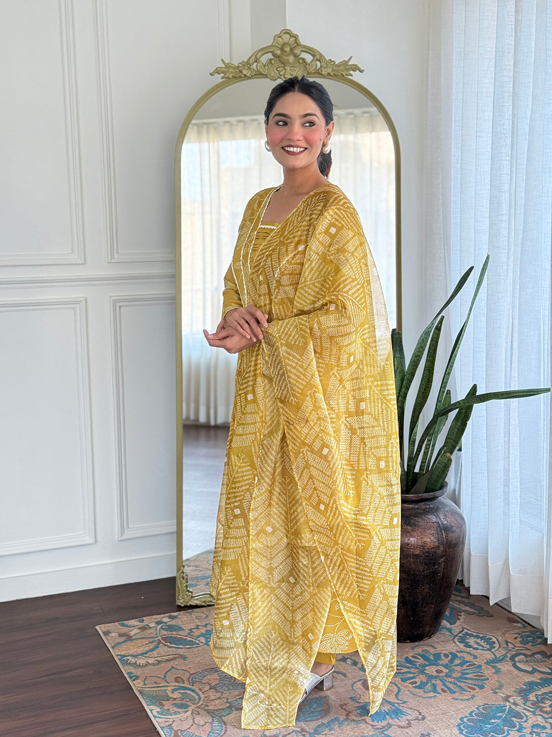 Mustard Yellow Printed Cotton Kurta Pant Set