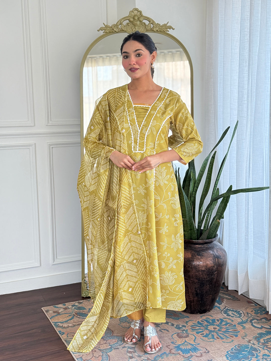 Mustard Yellow Printed Cotton Kurta Pant Set