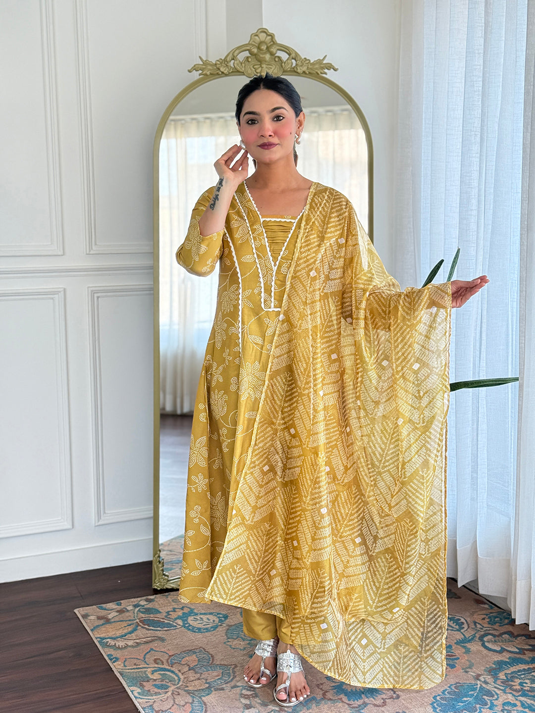 Mustard Yellow Printed Cotton Kurta Pant Set