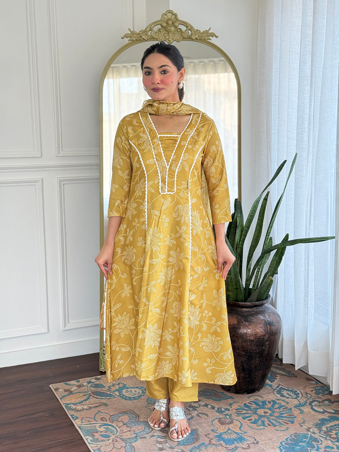 Mustard Yellow Printed Cotton Kurta Pant Set