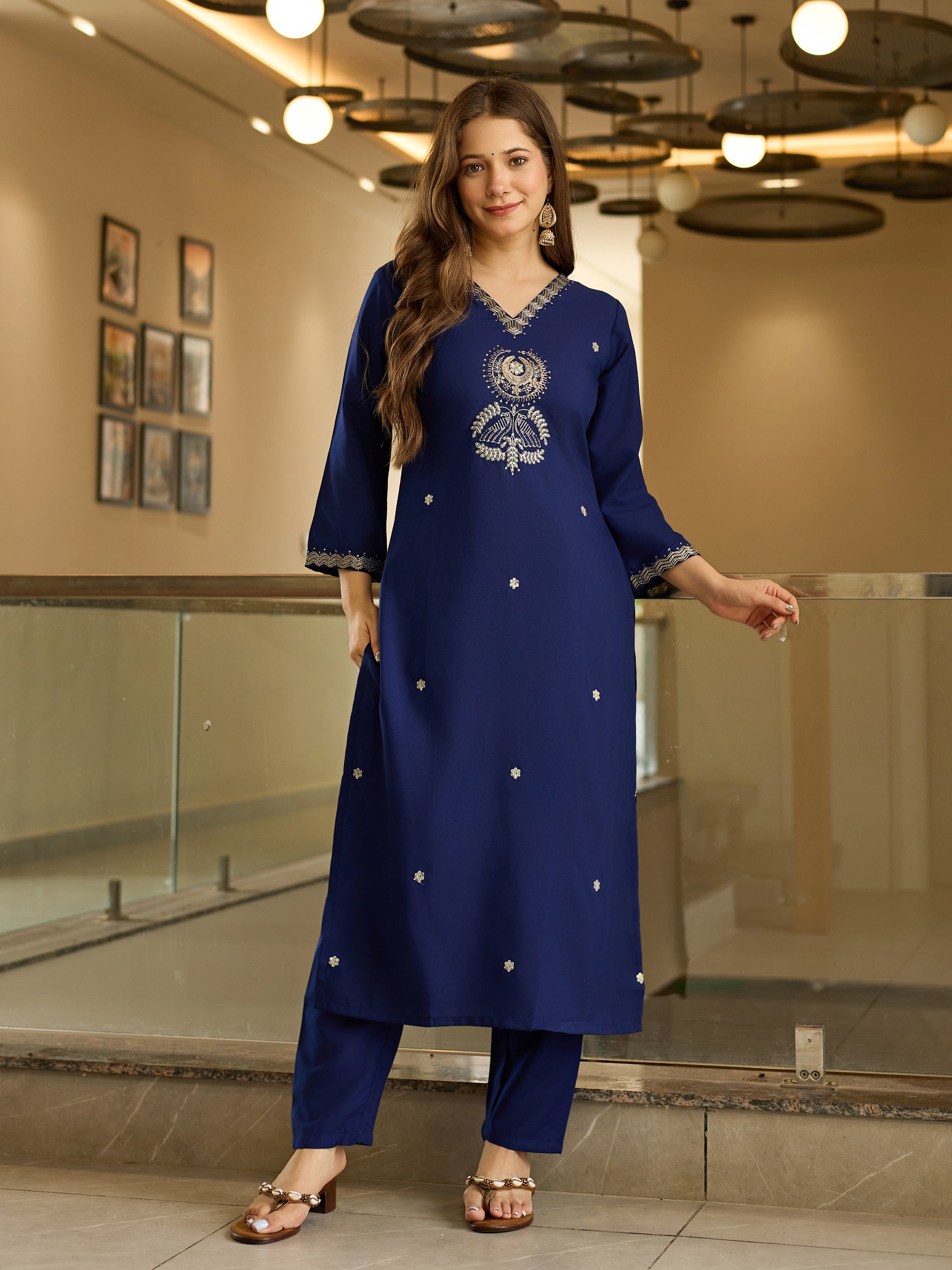 Royal Navy Blue Solid Straight Salwar Suit Set