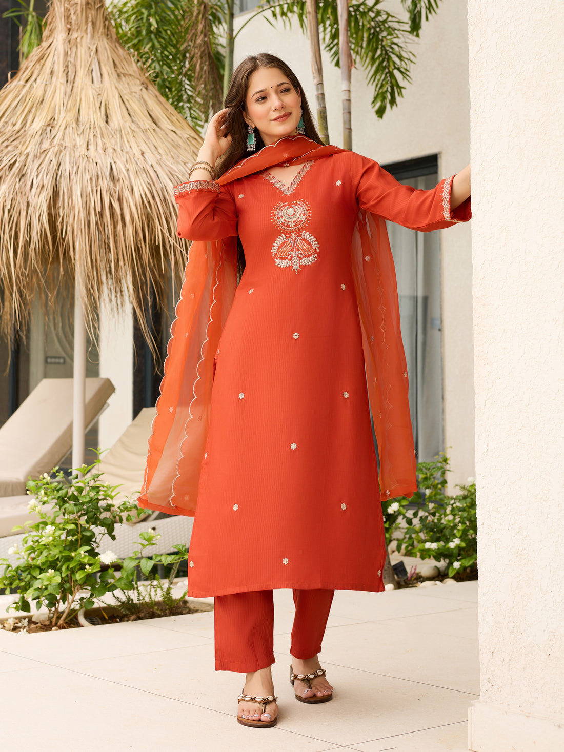 Rust Orange Solid Straight Salwar Suit Set