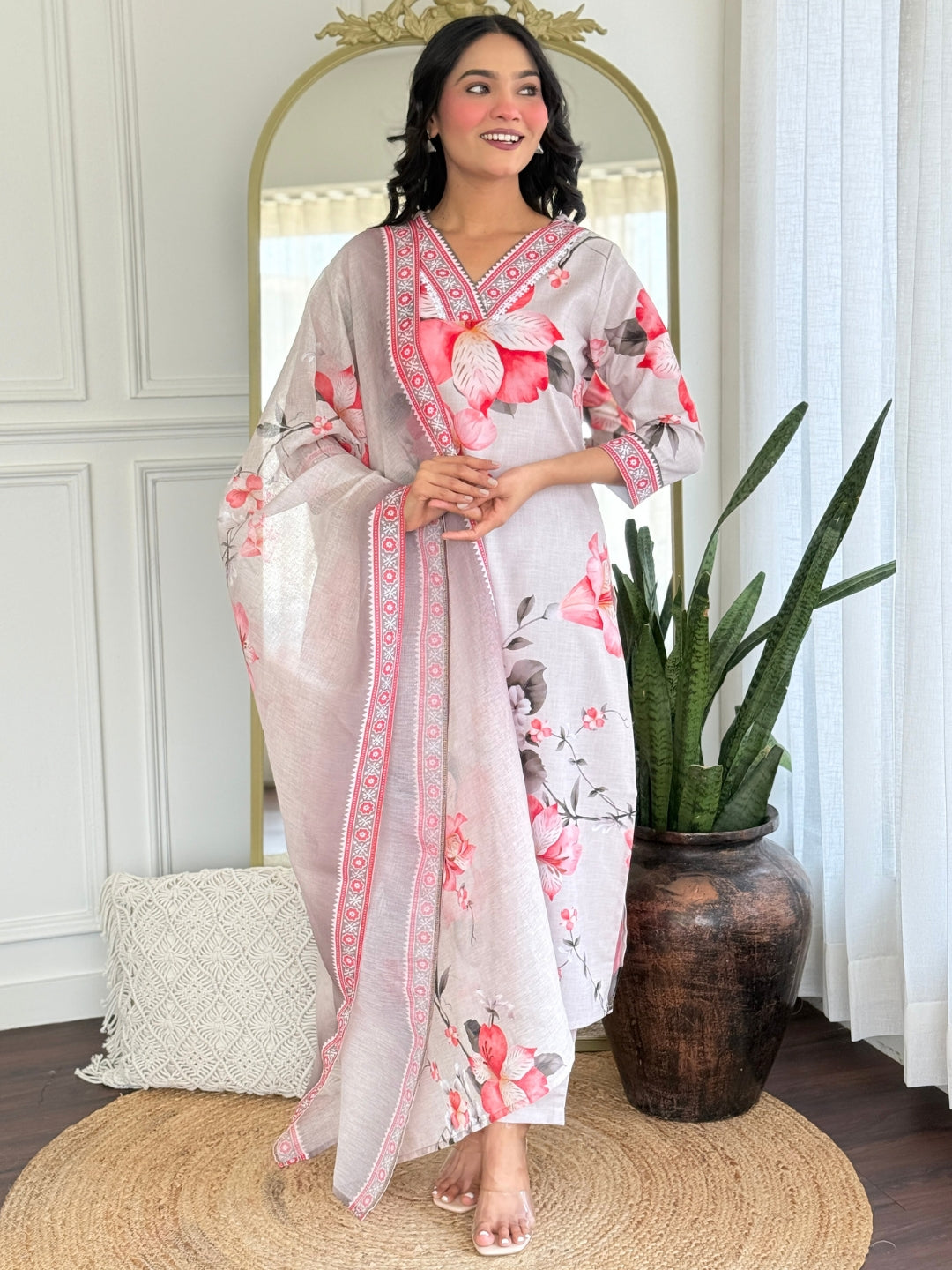White Floral Printed Cotton Kurta Pant Set