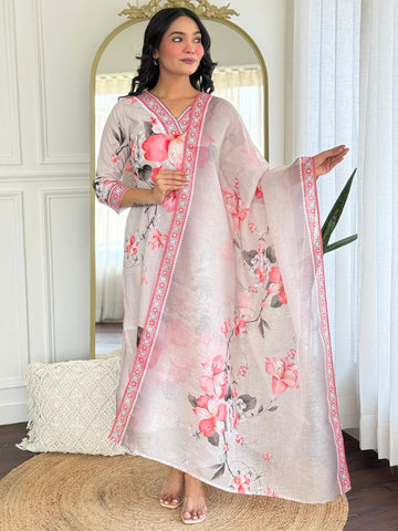 White Floral Printed Cotton Kurta Pant Set